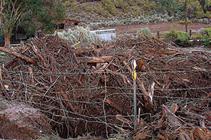 A pile of debris against a wire fence following a flood. 